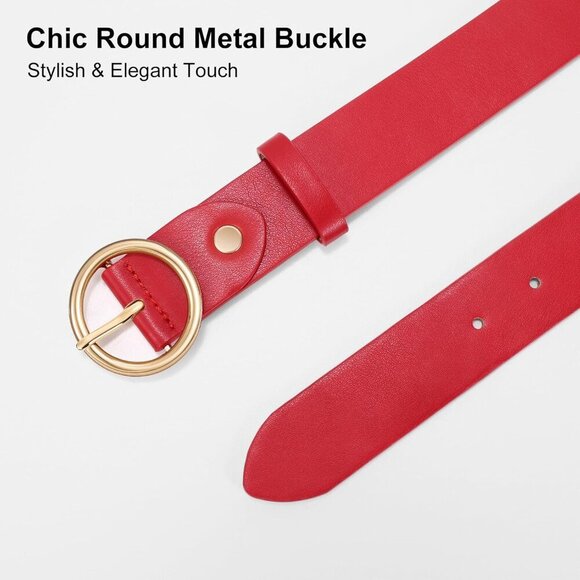Women Leather Belt with Circle Gold Buckle Fashion Ladies Waist Belt Red Gold